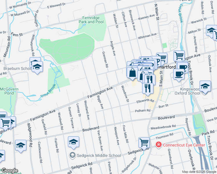 map of restaurants, bars, coffee shops, grocery stores, and more near 4 Grennan Road in West Hartford