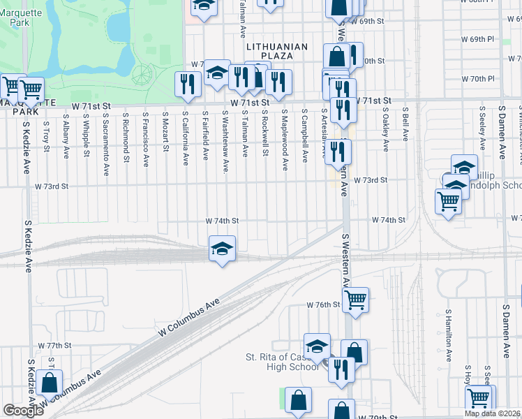 map of restaurants, bars, coffee shops, grocery stores, and more near 7332 South Rockwell Street in Chicago