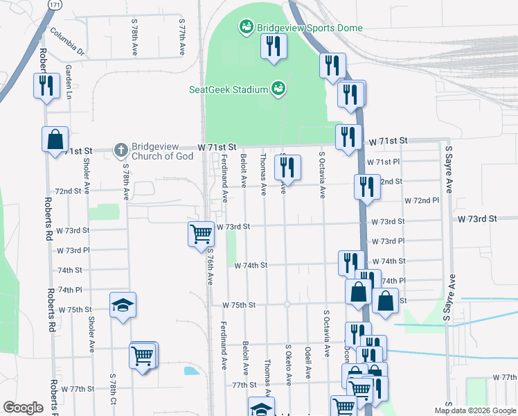 map of restaurants, bars, coffee shops, grocery stores, and more near 7225 Beloit Avenue in Bridgeview