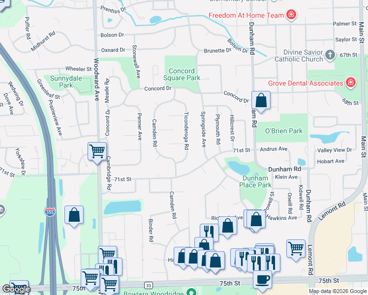 map of restaurants, bars, coffee shops, grocery stores, and more near 1612 Valley Forge Place in Downers Grove