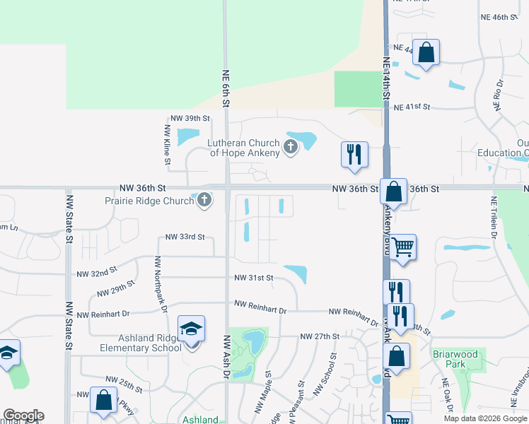 map of restaurants, bars, coffee shops, grocery stores, and more near 600 Northwest Cherry Creek Lane in Ankeny