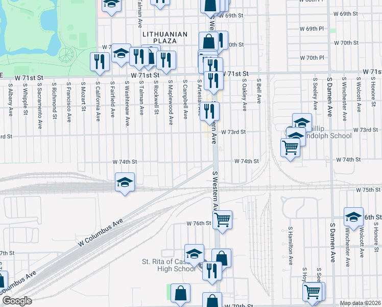 map of restaurants, bars, coffee shops, grocery stores, and more near 7333 South Campbell Avenue in Chicago