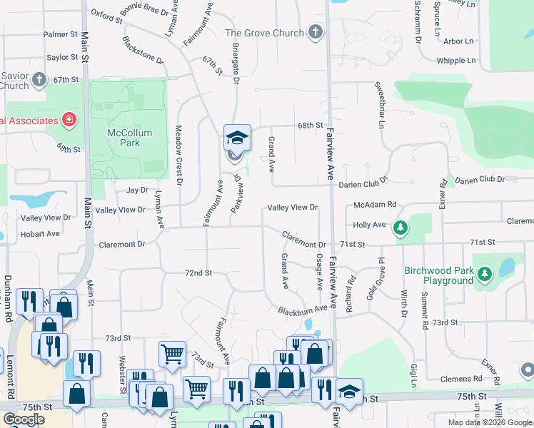 map of restaurants, bars, coffee shops, grocery stores, and more near 531 Valley View Drive in Downers Grove
