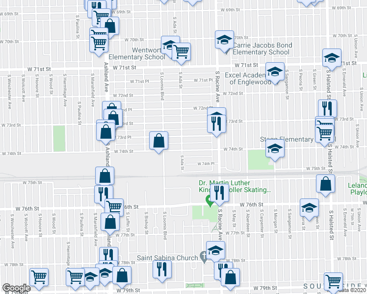 map of restaurants, bars, coffee shops, grocery stores, and more near 1280 West 74th Street in Chicago