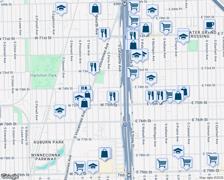 map of restaurants, bars, coffee shops, grocery stores, and more near 55 West 74th Street in Chicago