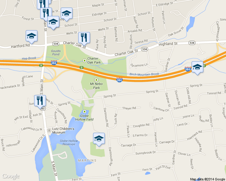 map of restaurants, bars, coffee shops, grocery stores, and more near 215 Spring Street in Manchester