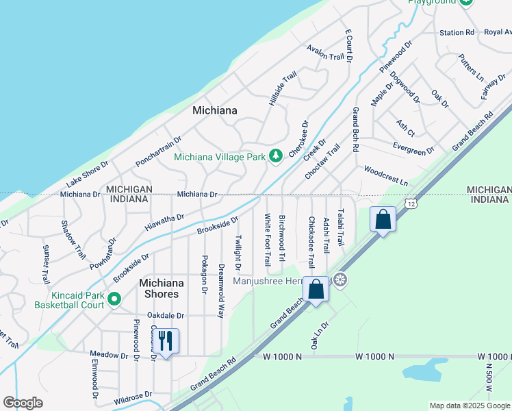 map of restaurants, bars, coffee shops, grocery stores, and more near 4040 Brookside Drive in Michigan City