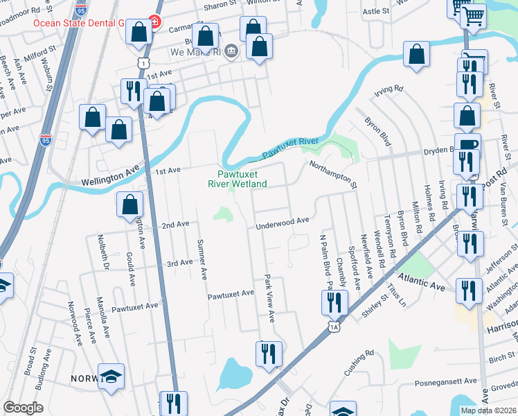 map of restaurants, bars, coffee shops, grocery stores, and more near 47 Pensacola Street in Warwick