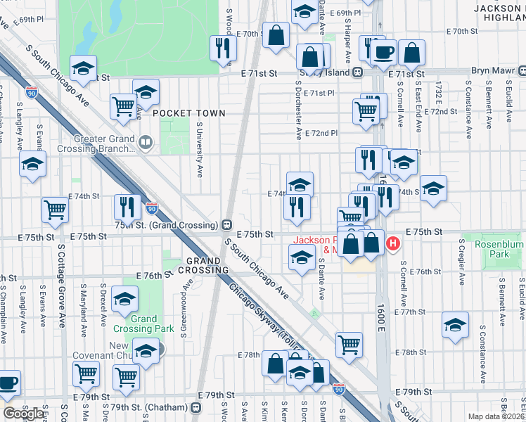 map of restaurants, bars, coffee shops, grocery stores, and more near 7423 South Kimbark Avenue in Chicago