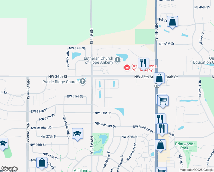 map of restaurants, bars, coffee shops, grocery stores, and more near 600 Northwest Cherry Creek Lane in Ankeny