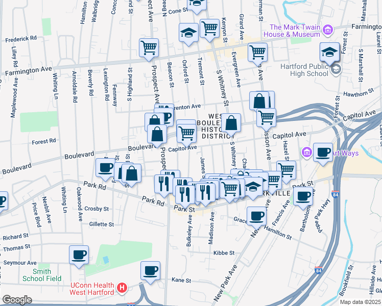map of restaurants, bars, coffee shops, grocery stores, and more near 1065 Capitol Avenue in Hartford