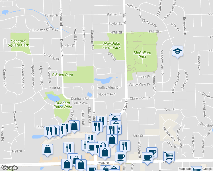 map of restaurants, bars, coffee shops, grocery stores, and more near 1120 Valley View Drive in Downers Grove