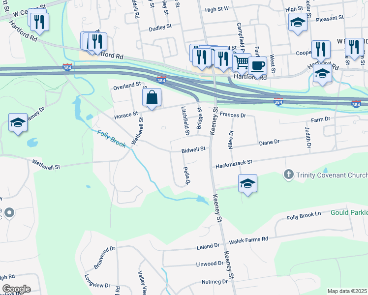 map of restaurants, bars, coffee shops, grocery stores, and more near 359 Bidwell Street in Manchester