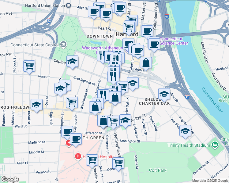 map of restaurants, bars, coffee shops, grocery stores, and more near Main St & Charter Oak Ave in Hartford