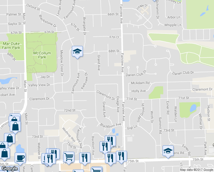 map of restaurants, bars, coffee shops, grocery stores, and more near 501 Valley View Drive in Downers Grove