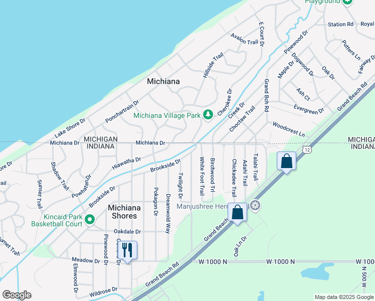 map of restaurants, bars, coffee shops, grocery stores, and more near 4040 Brookside Drive in Michigan City