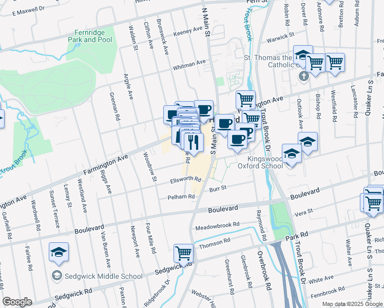 map of restaurants, bars, coffee shops, grocery stores, and more near 62 LaSalle Road in West Hartford
