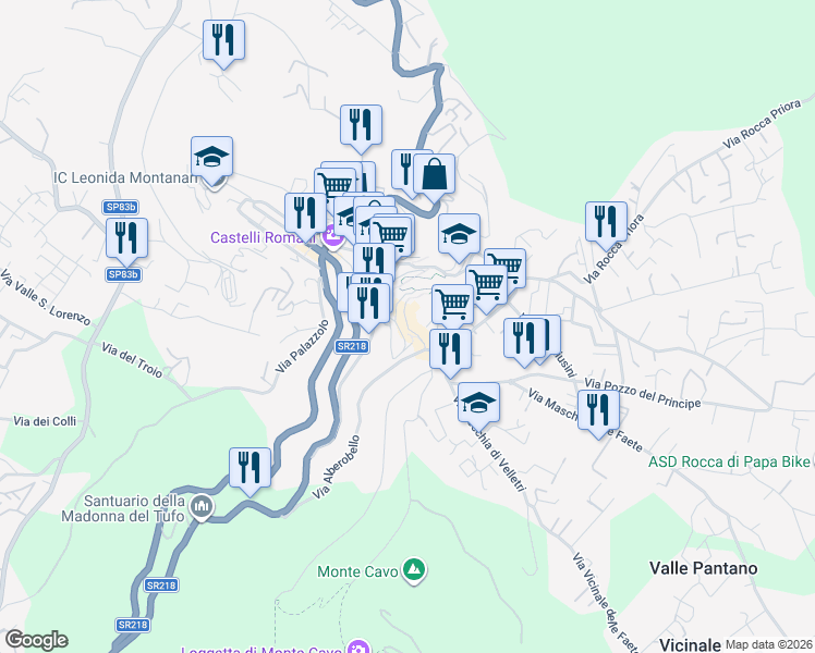 map of restaurants, bars, coffee shops, grocery stores, and more near 40 Via dell'Osservatorio in Rocca di Papa