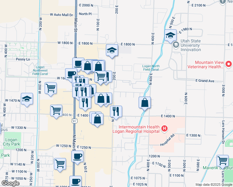 map of restaurants, bars, coffee shops, grocery stores, and more near 229 East 1530 North in North Logan