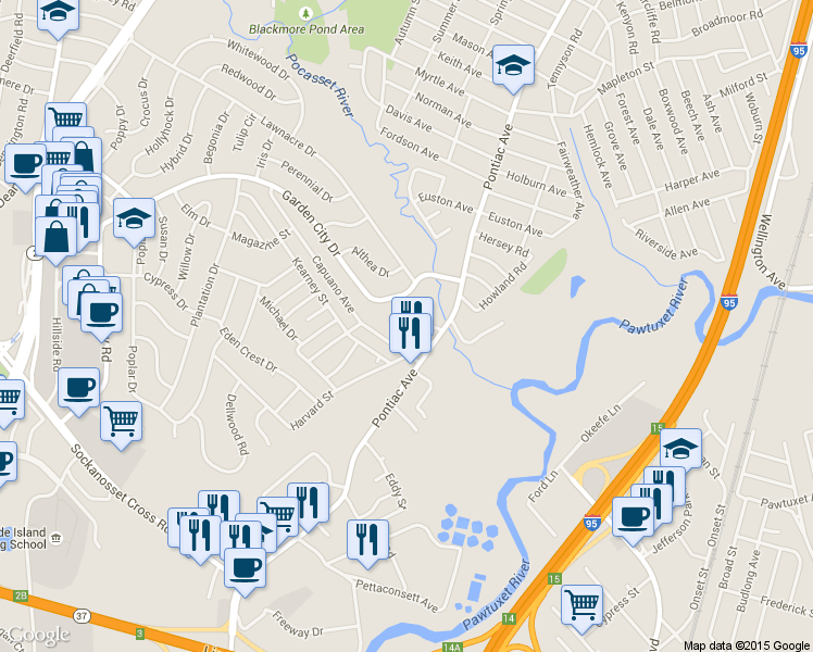map of restaurants, bars, coffee shops, grocery stores, and more near 377 Garden City Drive in Cranston