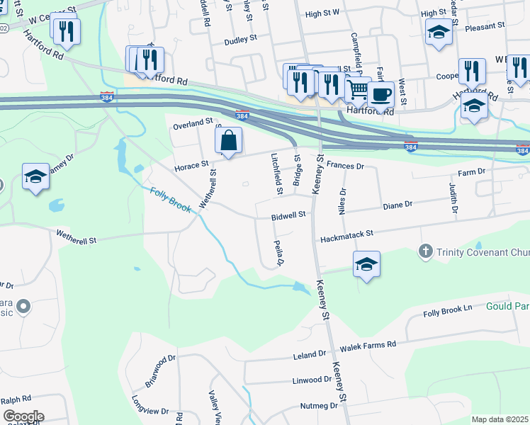 map of restaurants, bars, coffee shops, grocery stores, and more near 359 Bidwell Street in Manchester