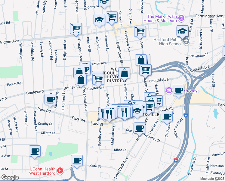 map of restaurants, bars, coffee shops, grocery stores, and more near in Hartford