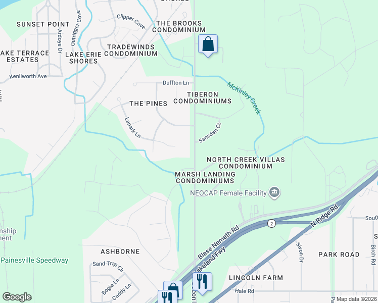 map of restaurants, bars, coffee shops, grocery stores, and more near 759 County Highway 305 in Painesville