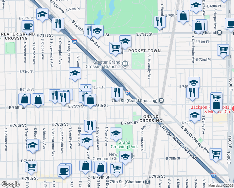 map of restaurants, bars, coffee shops, grocery stores, and more near 7411 South Ingleside Avenue in Chicago