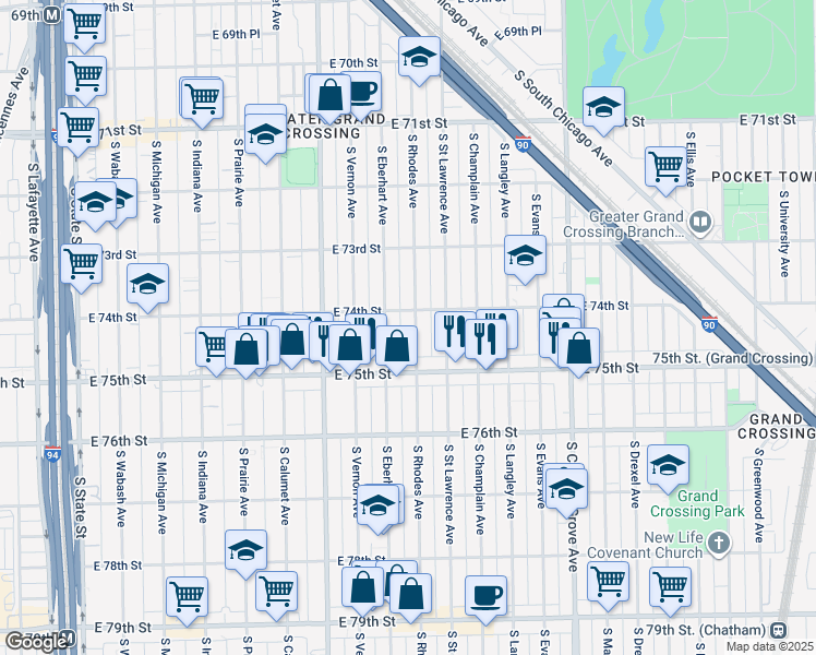 map of restaurants, bars, coffee shops, grocery stores, and more near 7406 South Rhodes Avenue in Chicago