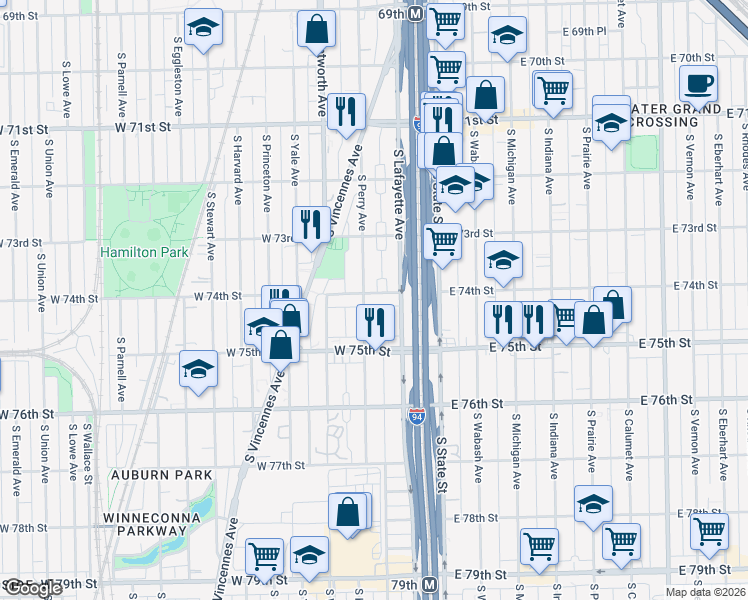 map of restaurants, bars, coffee shops, grocery stores, and more near 55 West 74th Street in Chicago