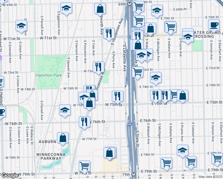 map of restaurants, bars, coffee shops, grocery stores, and more near 131 West 74th Street in Chicago