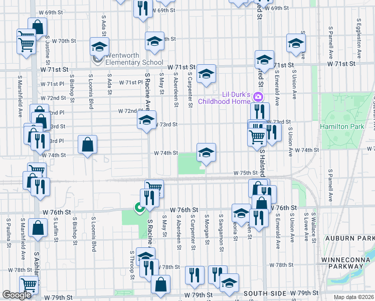 map of restaurants, bars, coffee shops, grocery stores, and more near 7345 South Aberdeen Street in Chicago