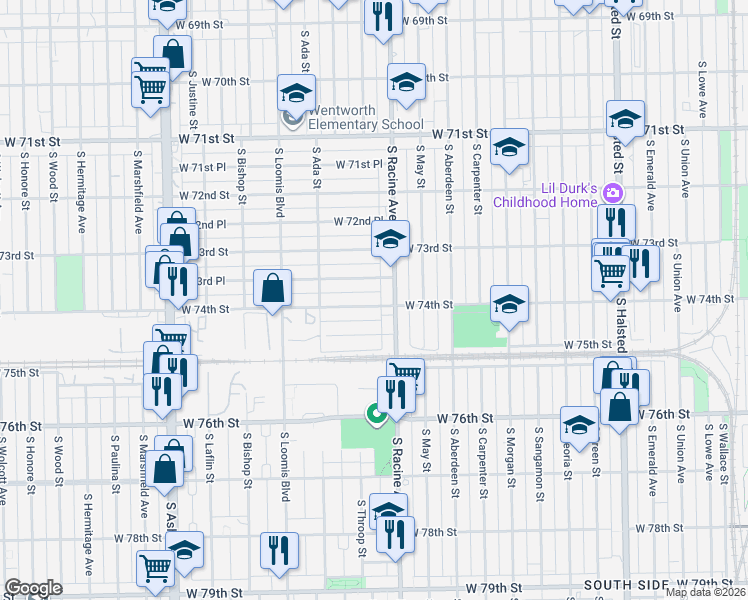 map of restaurants, bars, coffee shops, grocery stores, and more near 1240 West 74th Street in Chicago