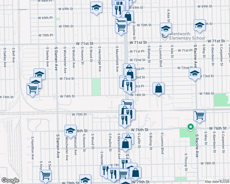 map of restaurants, bars, coffee shops, grocery stores, and more near 7343 South Paulina Street in Chicago