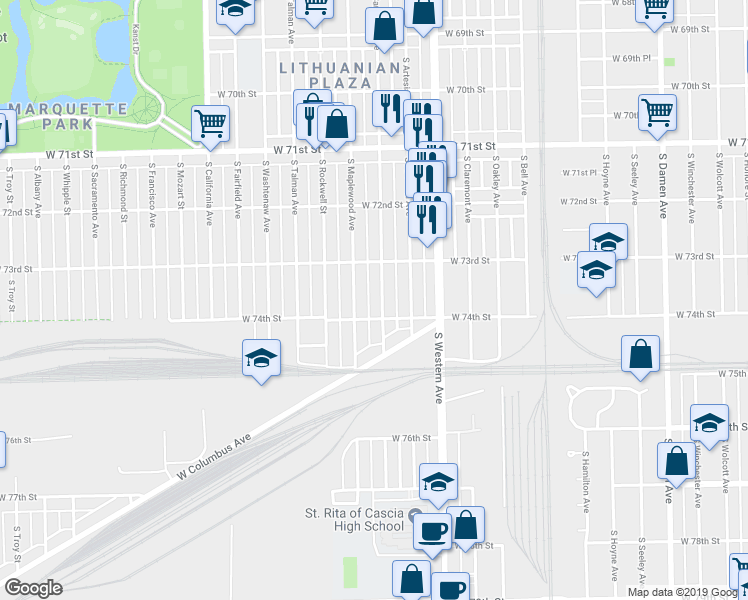 map of restaurants, bars, coffee shops, grocery stores, and more near 7338 South Campbell Avenue in Chicago