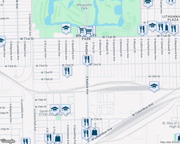 map of restaurants, bars, coffee shops, grocery stores, and more near 7326 South Troy Street in Chicago