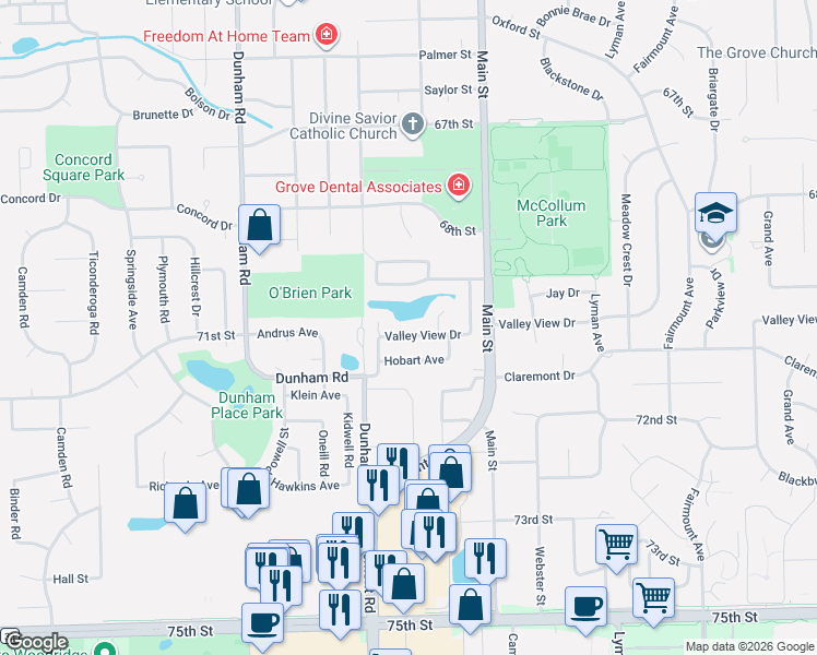 map of restaurants, bars, coffee shops, grocery stores, and more near 1120 Valley View Drive in Downers Grove