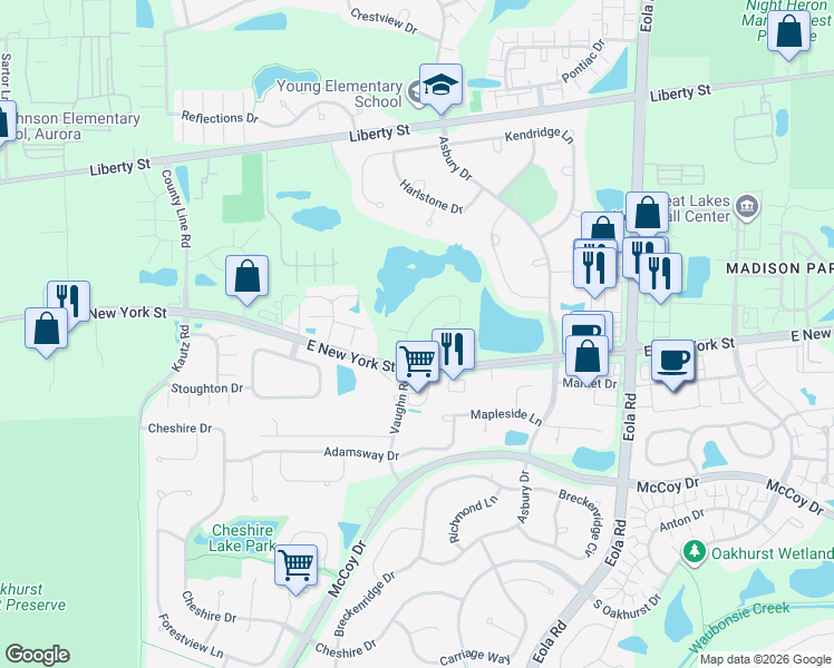 map of restaurants, bars, coffee shops, grocery stores, and more near 377 Vaughn Circle in Aurora