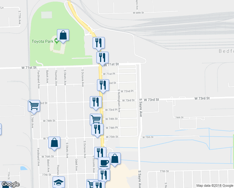 map of restaurants, bars, coffee shops, grocery stores, and more near 7101 West 72nd Place in Chicago