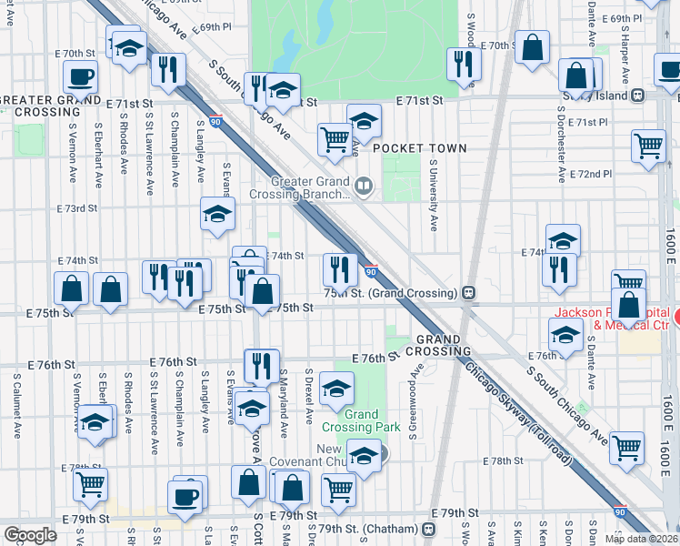 map of restaurants, bars, coffee shops, grocery stores, and more near 7411 South Ingleside Avenue in Chicago
