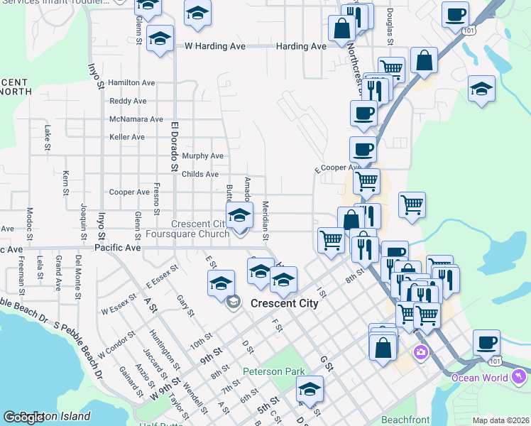 map of restaurants, bars, coffee shops, grocery stores, and more near 100 Lauff Avenue in Crescent City
