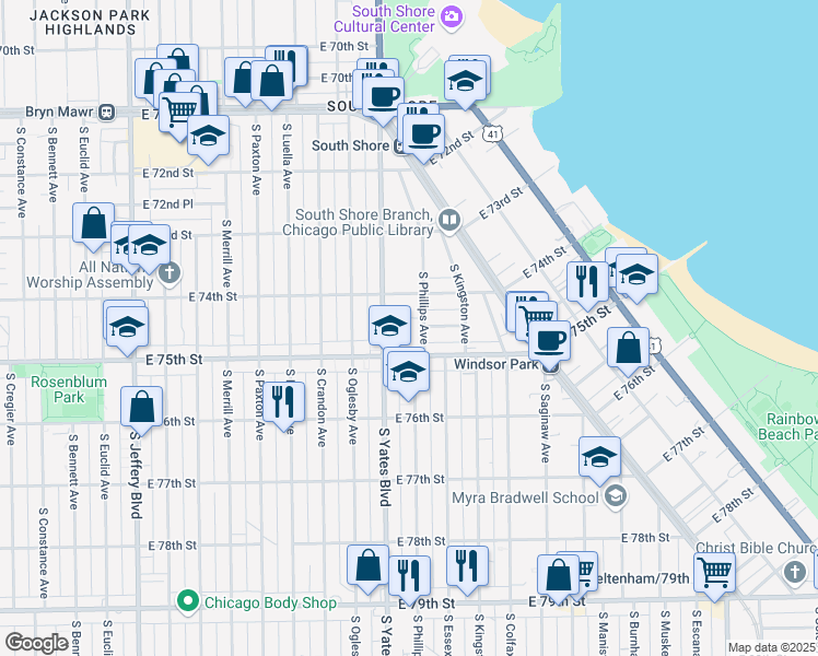 map of restaurants, bars, coffee shops, grocery stores, and more near 7432 South Phillips Avenue in Chicago