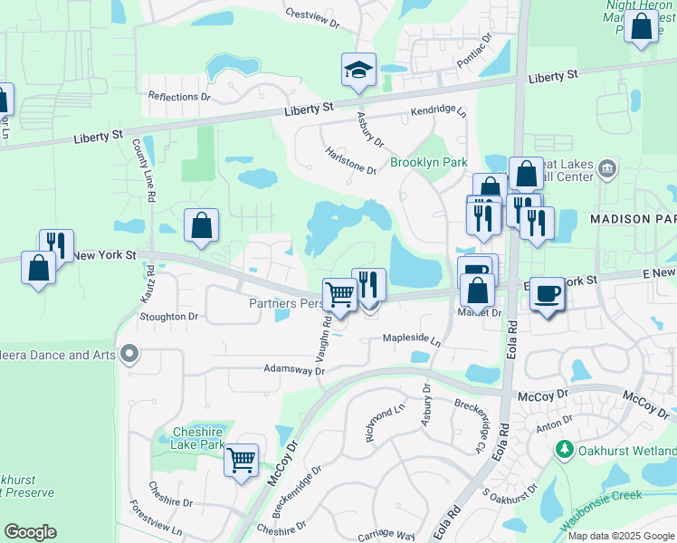 map of restaurants, bars, coffee shops, grocery stores, and more near 377 Vaughn Circle in Aurora