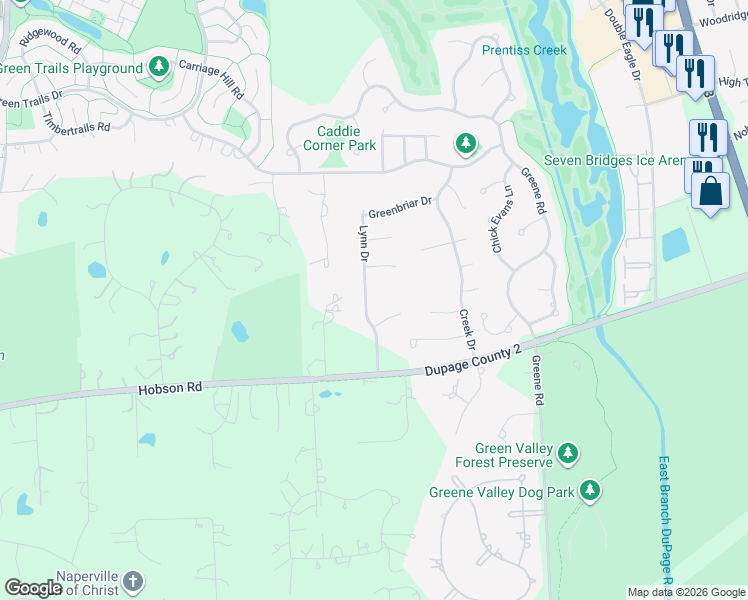 map of restaurants, bars, coffee shops, grocery stores, and more near 7S631 Lynn Drive in Naperville