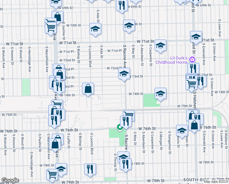 map of restaurants, bars, coffee shops, grocery stores, and more near 1240 West 74th Street in Chicago