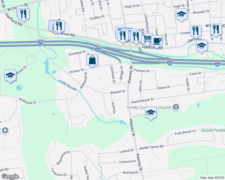 map of restaurants, bars, coffee shops, grocery stores, and more near 359 Bidwell Street in Manchester