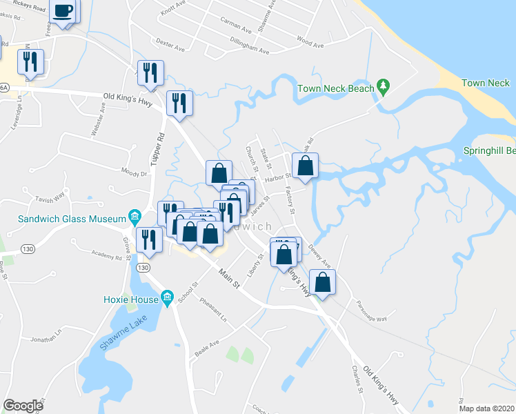 map of restaurants, bars, coffee shops, grocery stores, and more near 43 Jarves Street in Sandwich
