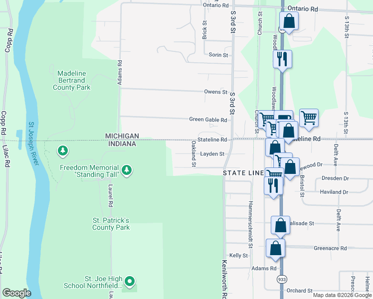 map of restaurants, bars, coffee shops, grocery stores, and more near 20161 Layden Street in South Bend