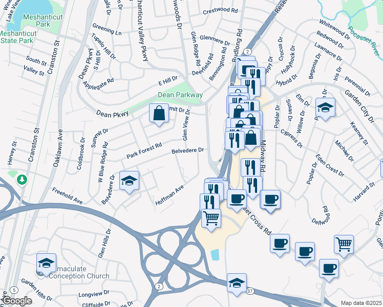 map of restaurants, bars, coffee shops, grocery stores, and more near 32 Belvedere Drive in Cranston