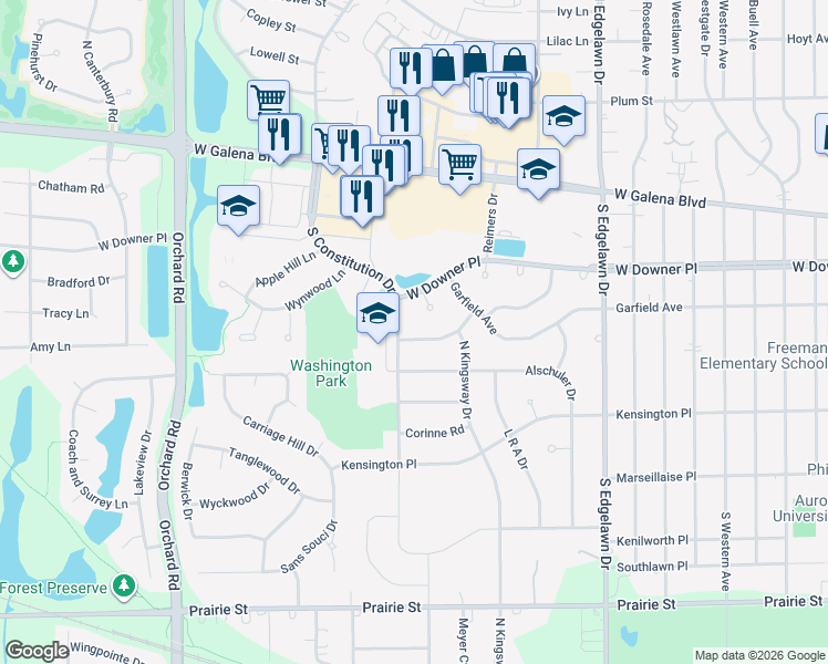 map of restaurants, bars, coffee shops, grocery stores, and more near 2121 School House Lane in Aurora